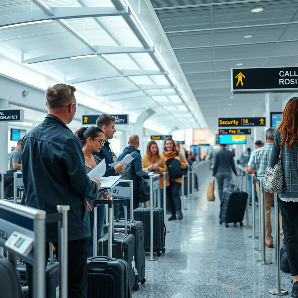Modern international airport security checkpoint showing travelers going through safety procedures, with security personnel checking documents and luggage screening equipment visible in a bright, well-organized terminal environment