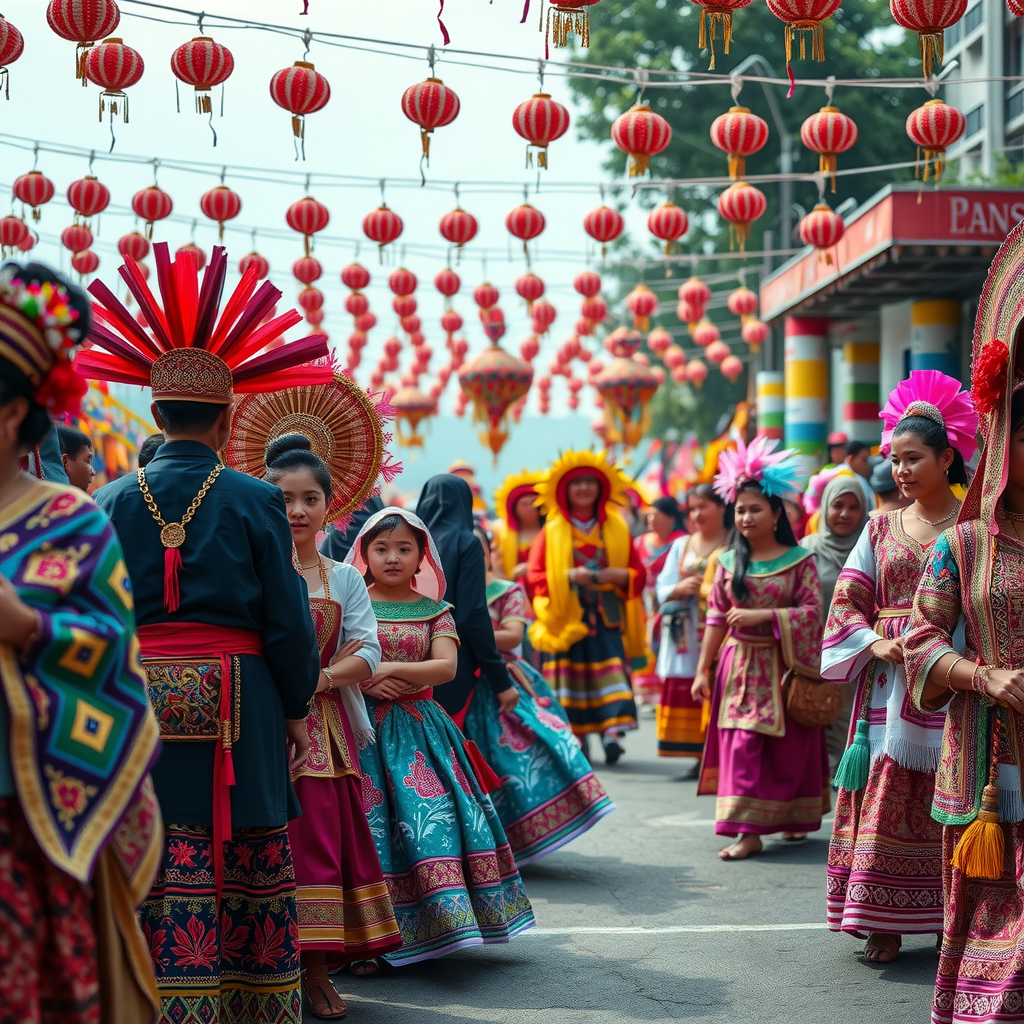 Vibrant cultural festival celebration with traditional costumes, dancing performers, and colorful decorations representing diverse global traditions