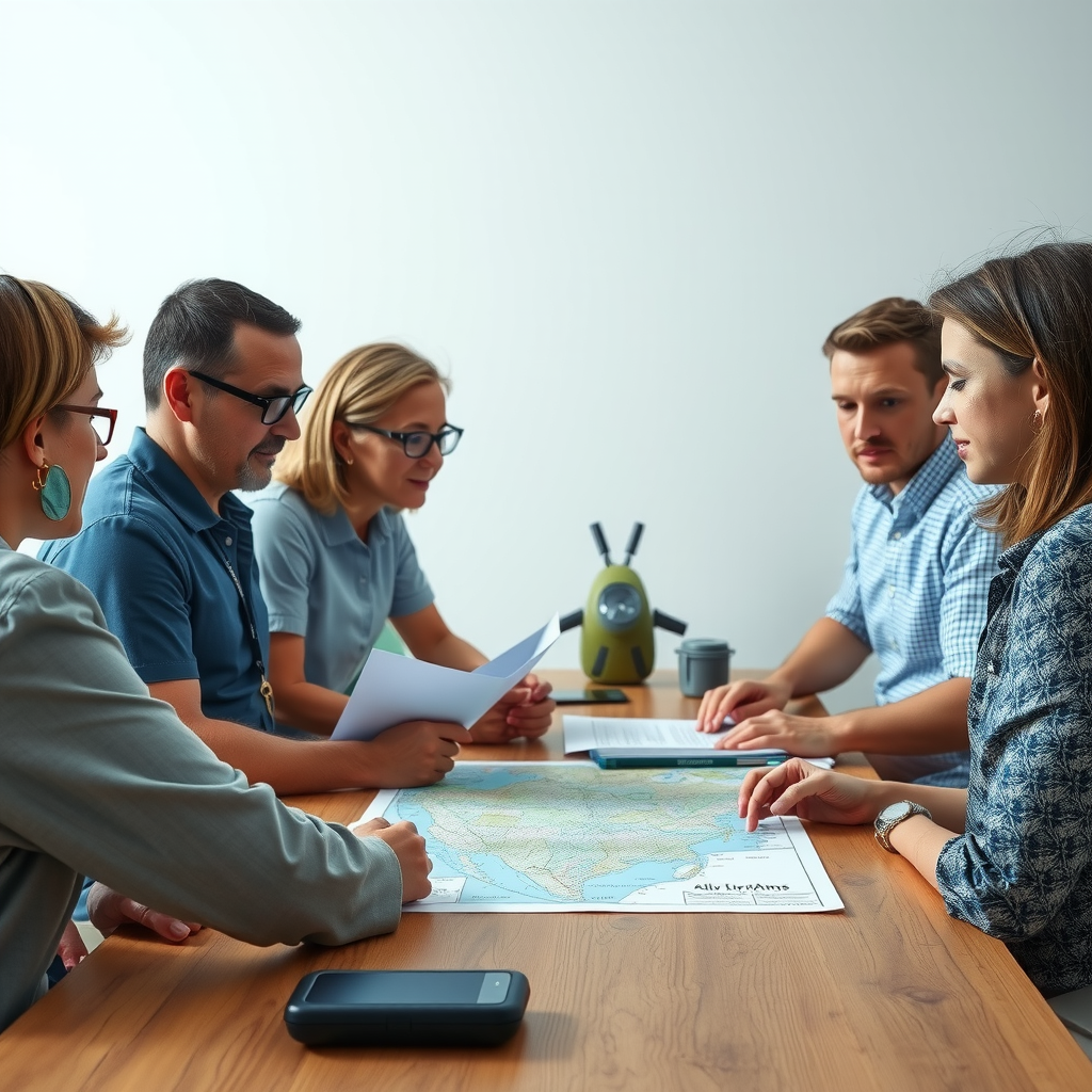 Professional travel coordinator meeting with group of travelers around table reviewing itinerary documents and maps