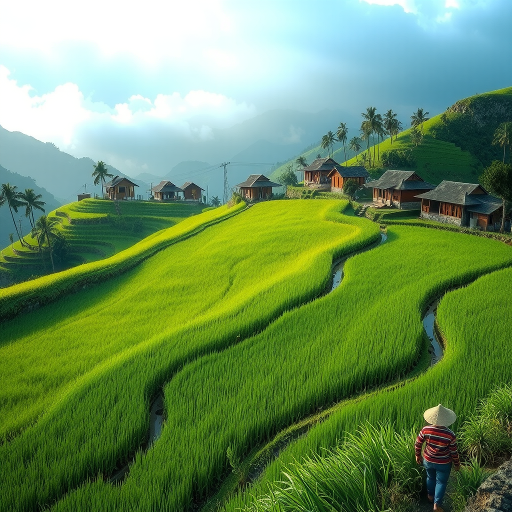 Lush green rice terraces in Southeast Asia with local farmers practicing eco-friendly agriculture, traditional wooden houses in background, morning mist over mountains, vibrant tropical vegetation