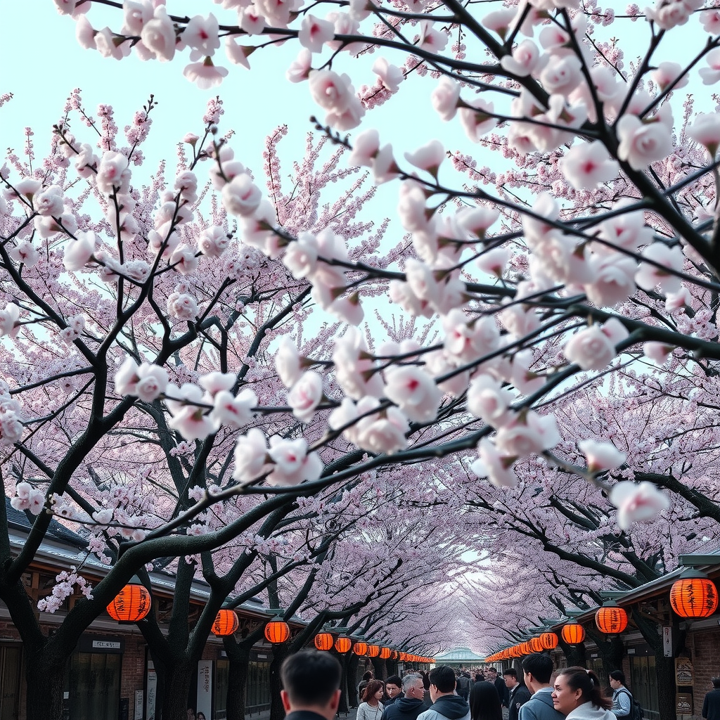 Beautiful cherry blossom trees in full bloom with people celebrating Hanami festival underneath, traditional Japanese lanterns hanging from branches