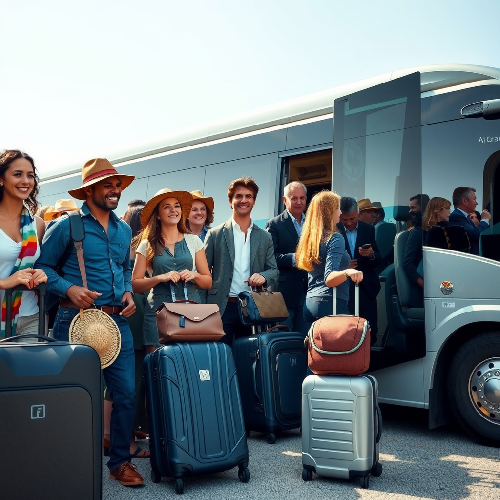 Large group of happy travelers boarding luxury tour bus with luggage ready for adventure