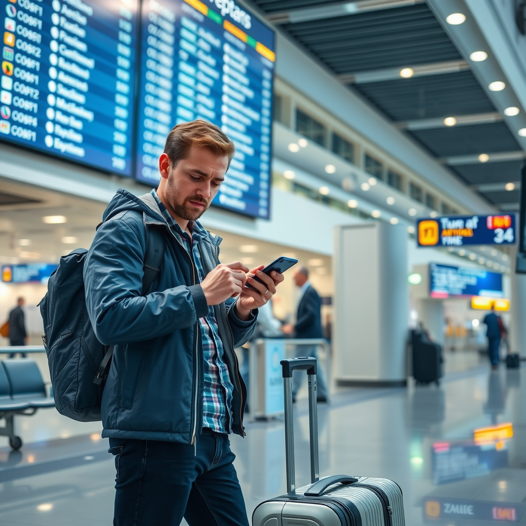 Traveler using smartphone to contact support service while standing in modern airport terminal, luggage beside them, digital departure board in background showing international destinations