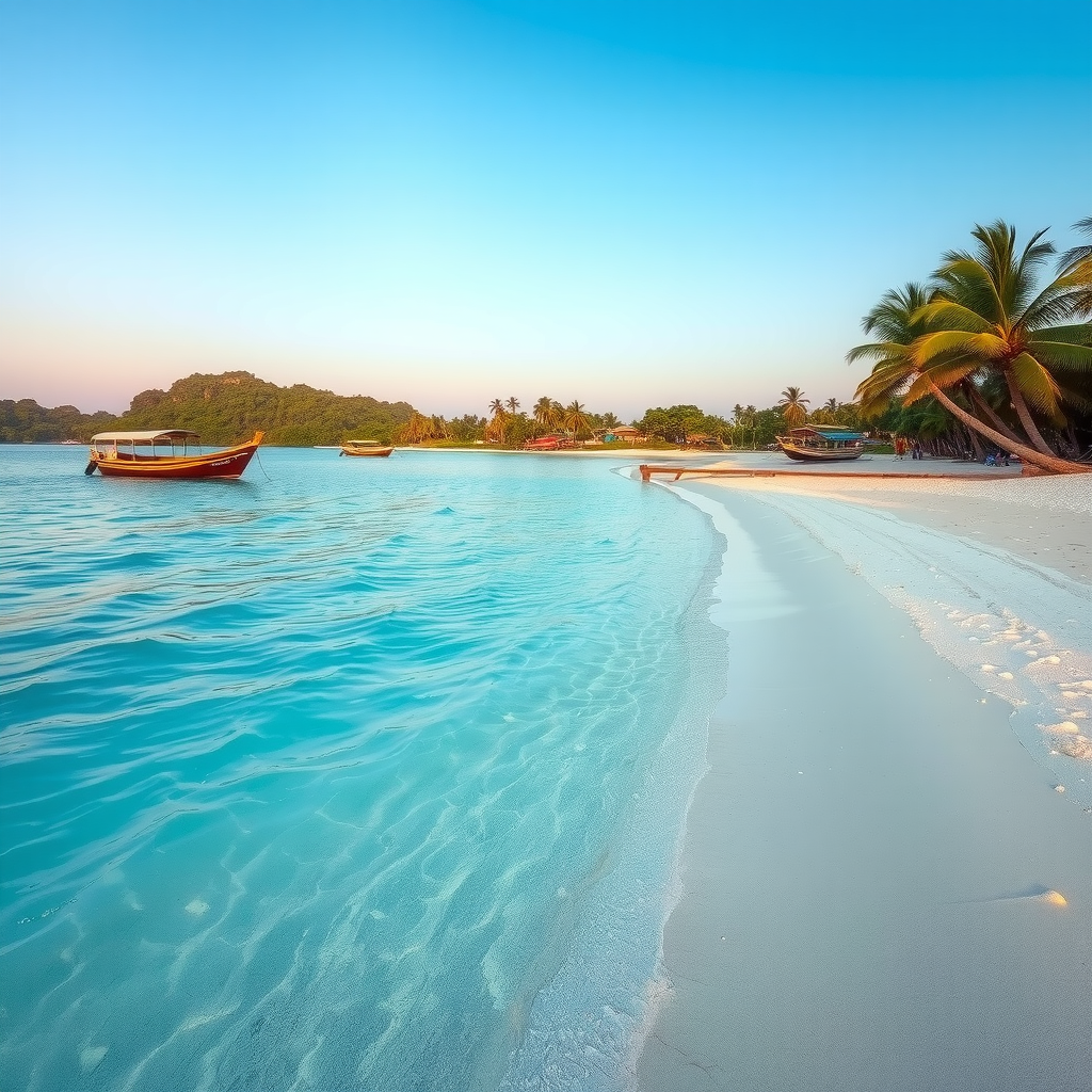 Secluded pristine beach with crystal clear turquoise water, white sand, palm trees, small fishing boats, colorful local village in distance, sunset golden hour lighting, untouched natural beauty