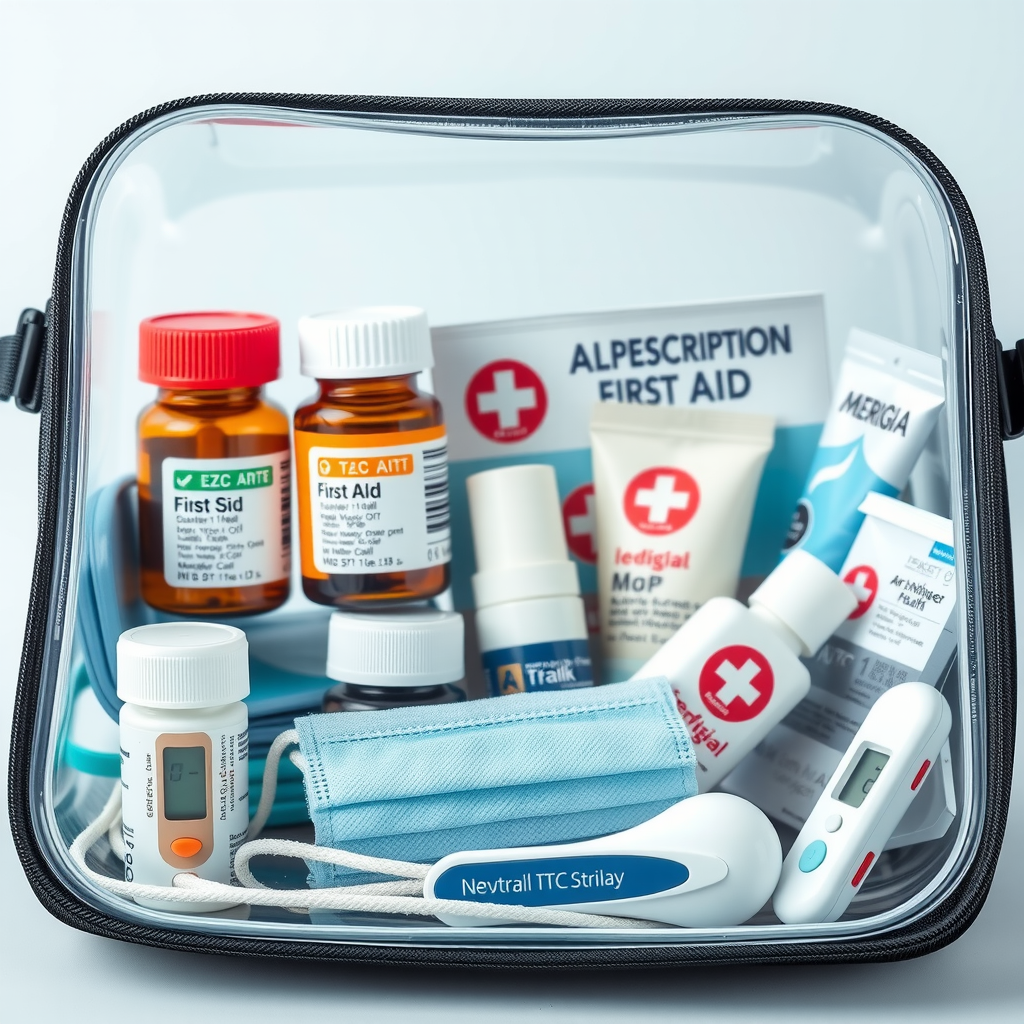 Comprehensive travel health kit displayed with prescription medications in labeled bottles, first aid supplies, hand sanitizer, face masks, thermometer, and travel-sized medical essentials organized in a clear travel case