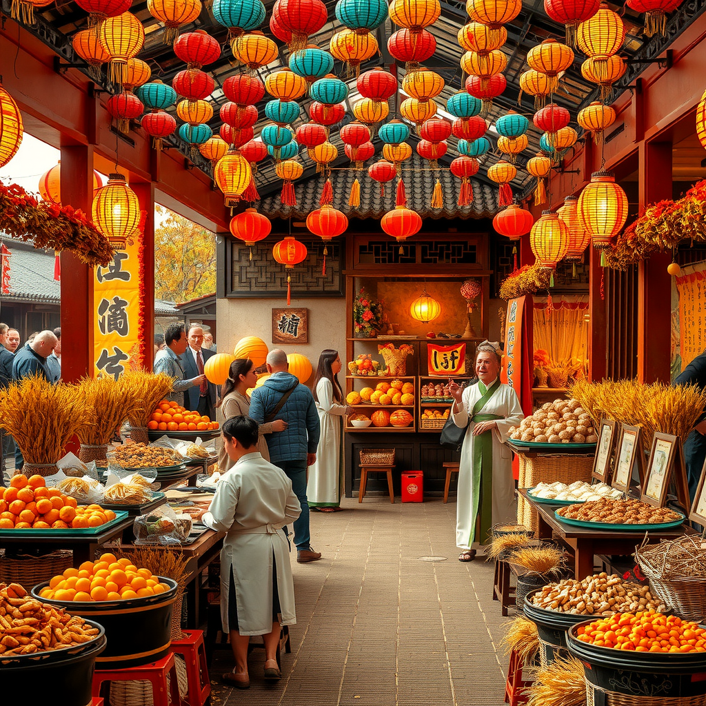 Autumn harvest festival scene with traditional decorations, abundant food displays, golden wheat sheaves, and people in traditional costumes celebrating