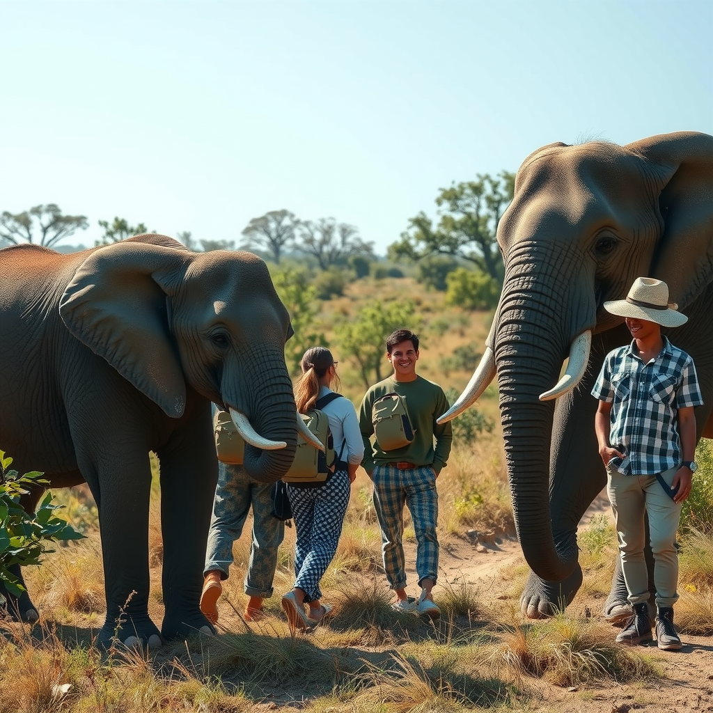 Ethical wildlife tourism showing travelers observing elephants in their natural habitat with conservation guides, emphasizing responsible adventure travel