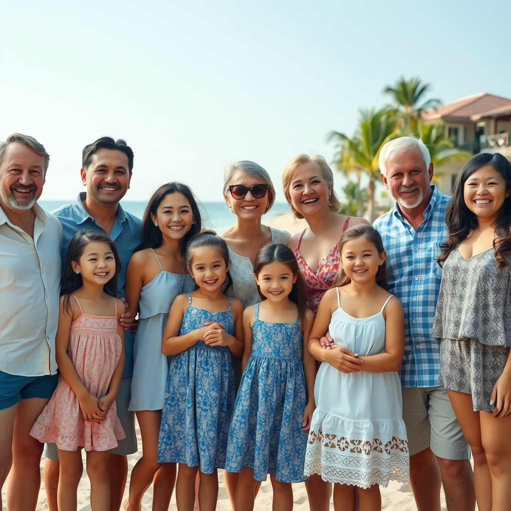 Multi-generational family group of 15 people smiling together at beach resort with children and grandparents