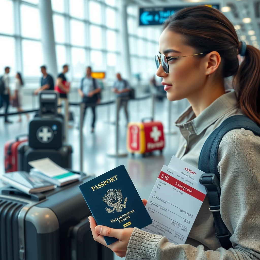 International traveler at airport with passport and boarding pass, security checkpoint in background, organized travel documents, safety equipment like first aid kit, modern airport terminal, professional travel preparation scene