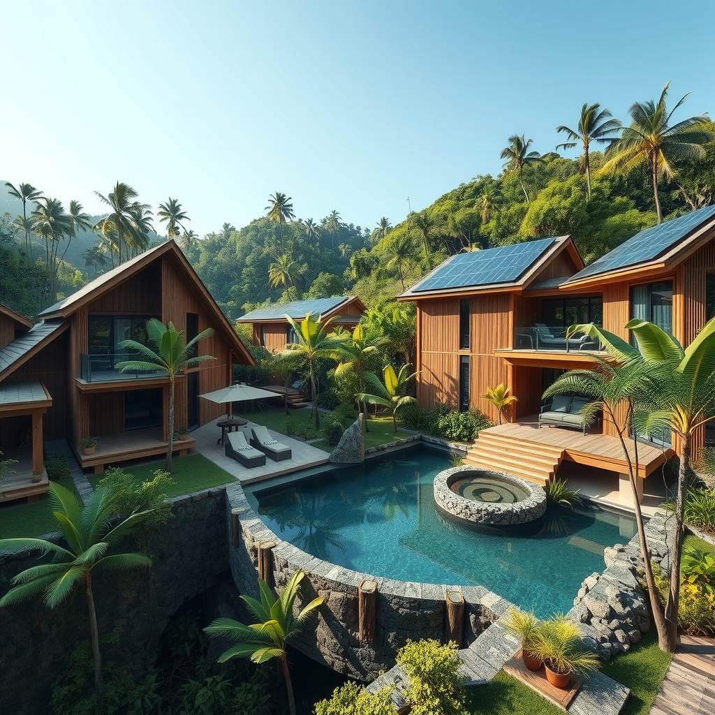 Modern eco-friendly resort with bamboo architecture integrated into lush tropical forest, solar panels on roofs, natural swimming pool, sustainable design showcasing harmony between luxury accommodation and nature