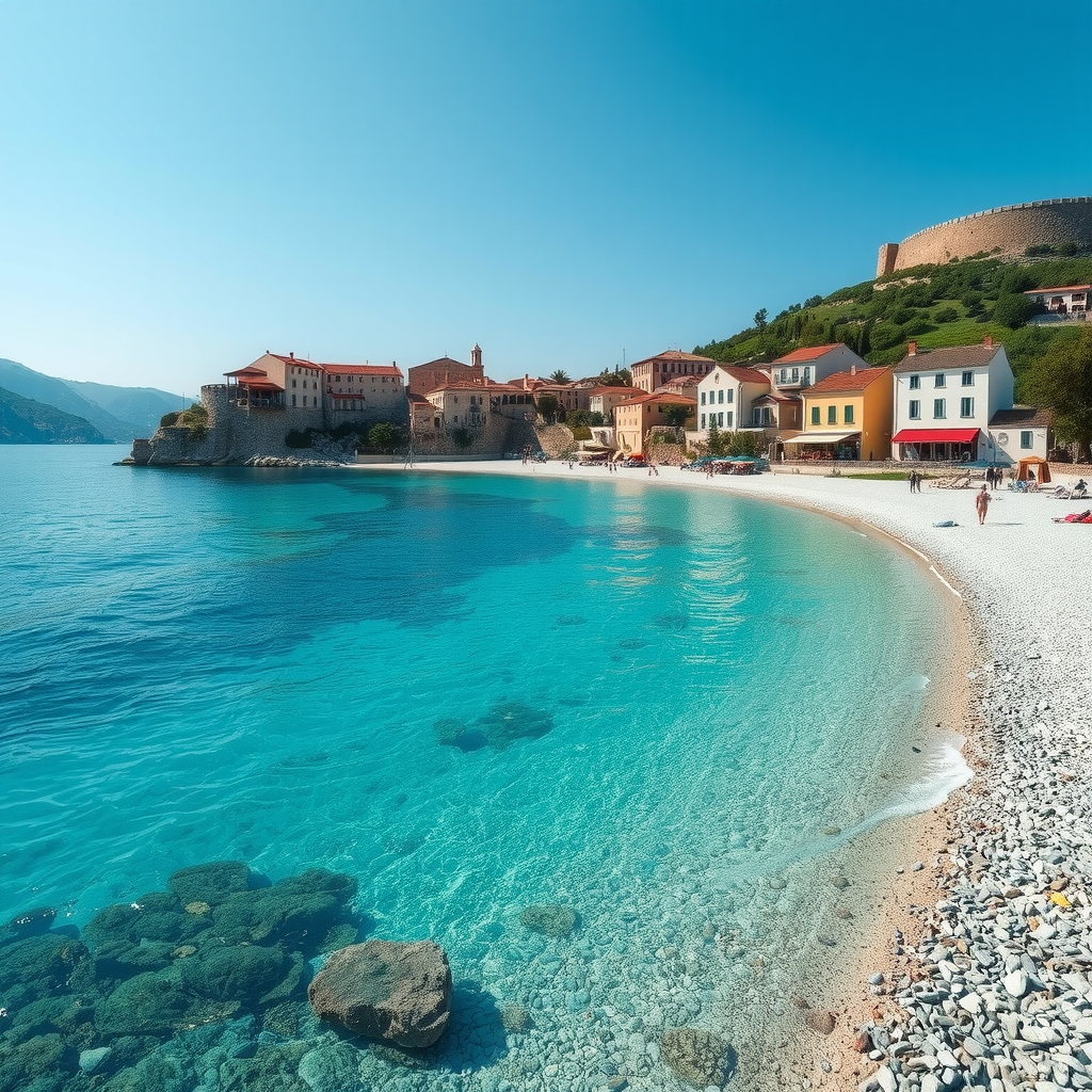 Pristine turquoise waters of the Albanian Riviera with white pebble beaches, traditional stone villages perched on hillsides, and ancient ruins overlooking the Ionian Sea