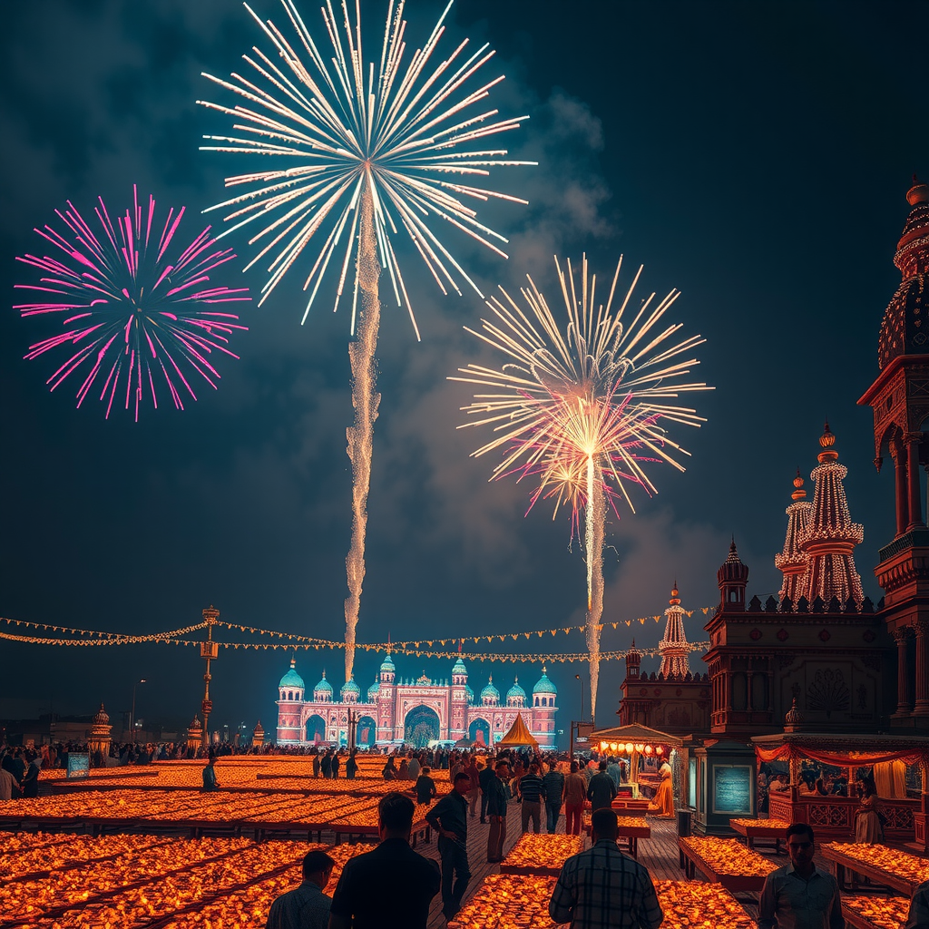 Spectacular Diwali festival celebration with thousands of illuminated oil lamps, colorful fireworks lighting up the night sky, and decorated buildings