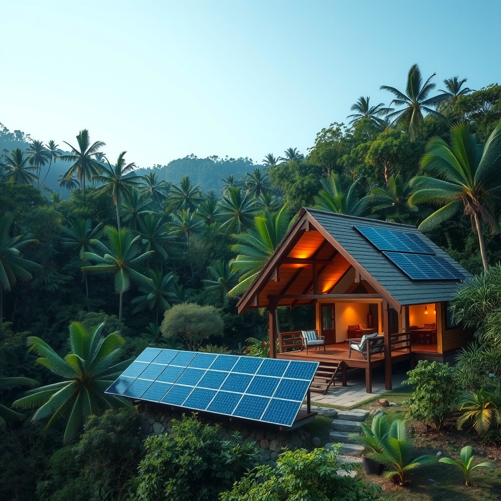 Sustainable eco-lodge in tropical rainforest featuring solar panels and environmentally friendly design, representing responsible adventure tourism