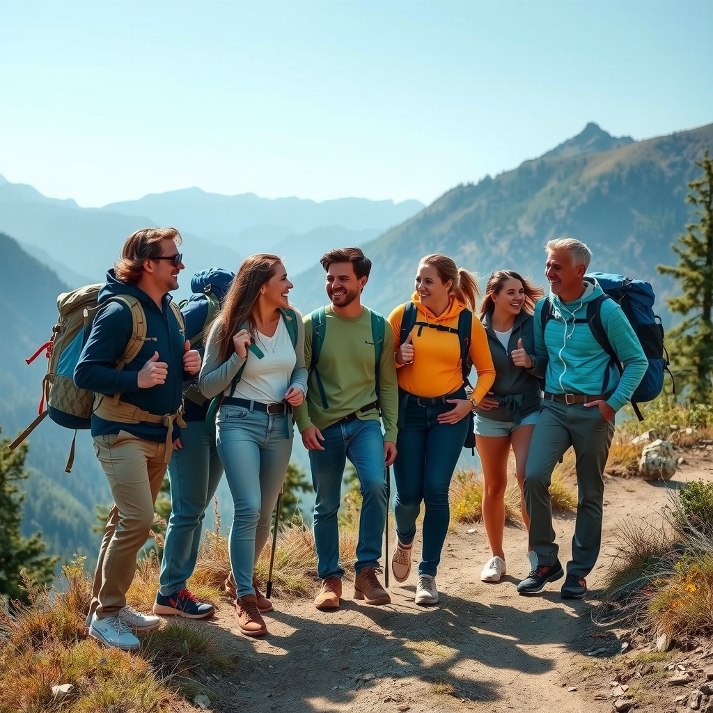 Group of 8 friends hiking together on mountain trail with backpacks laughing and enjoying adventure