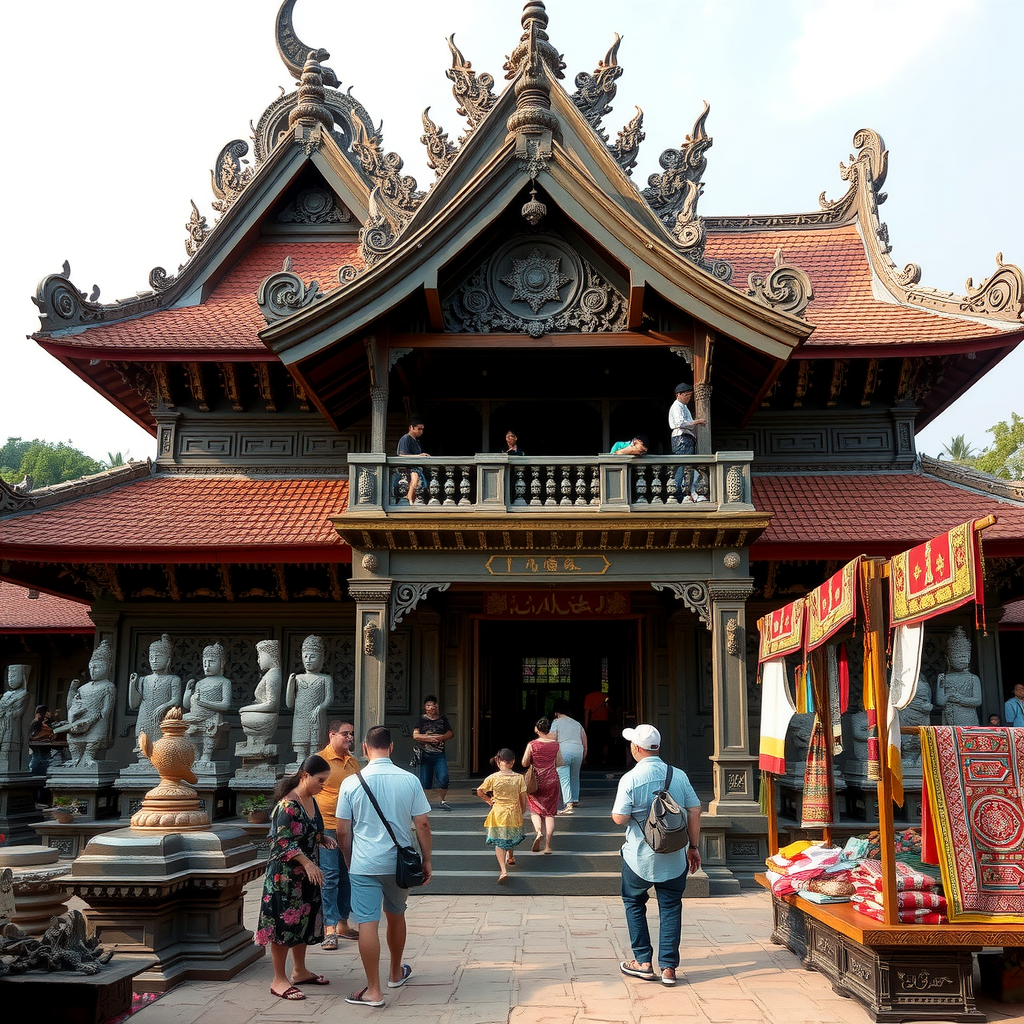 Traditional Southeast Asian temple with intricate architecture, local artisans demonstrating traditional crafts to tourists, cultural preservation activities, ancient stone carvings and colorful traditional textiles displayed