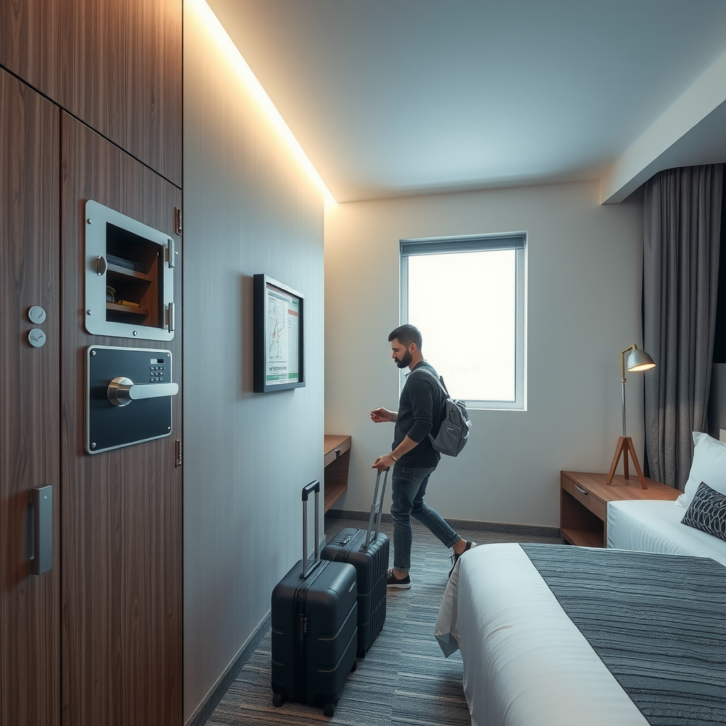 Modern hotel room showing security features including door lock, safe for valuables, emergency exit map on door, window locks, and traveler checking room security upon arrival with luggage nearby