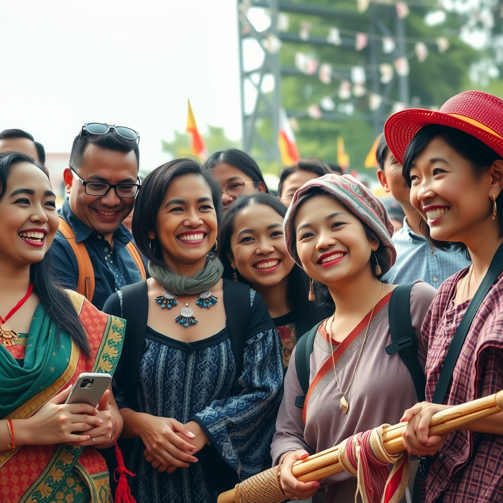 Diverse group of international travelers enjoying a cultural festival together, smiling and participating in traditional activities with local community members