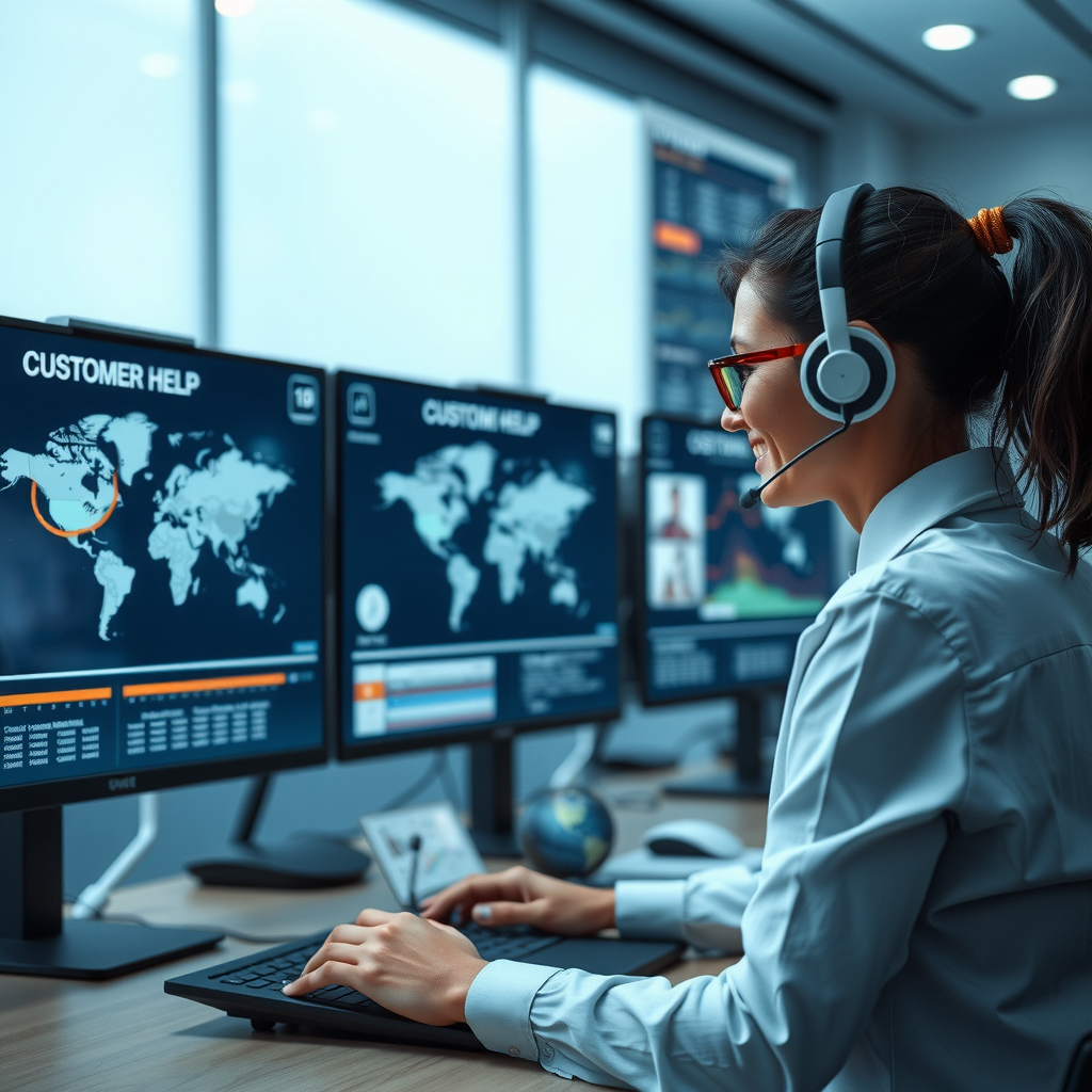 Customer support representative with headset providing assistance at modern help desk with multiple screens showing world map and communication channels, available round the clock