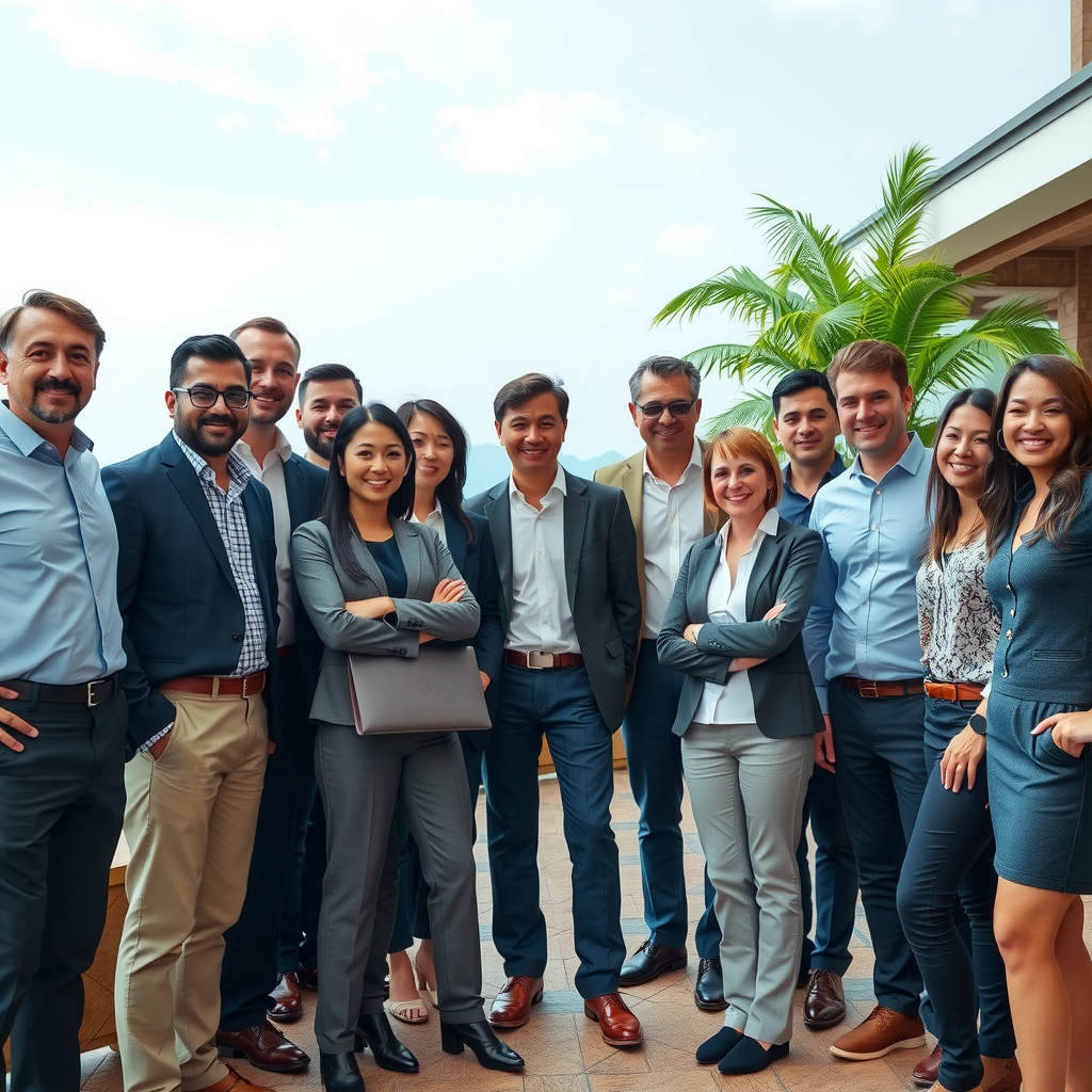 Corporate team of 20 professionals in business casual attire at conference resort participating in team building