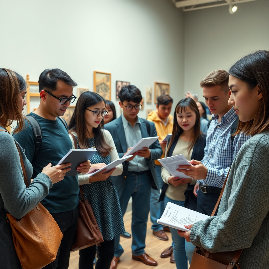 Student group of 25 with teachers visiting historical museum taking notes and learning together