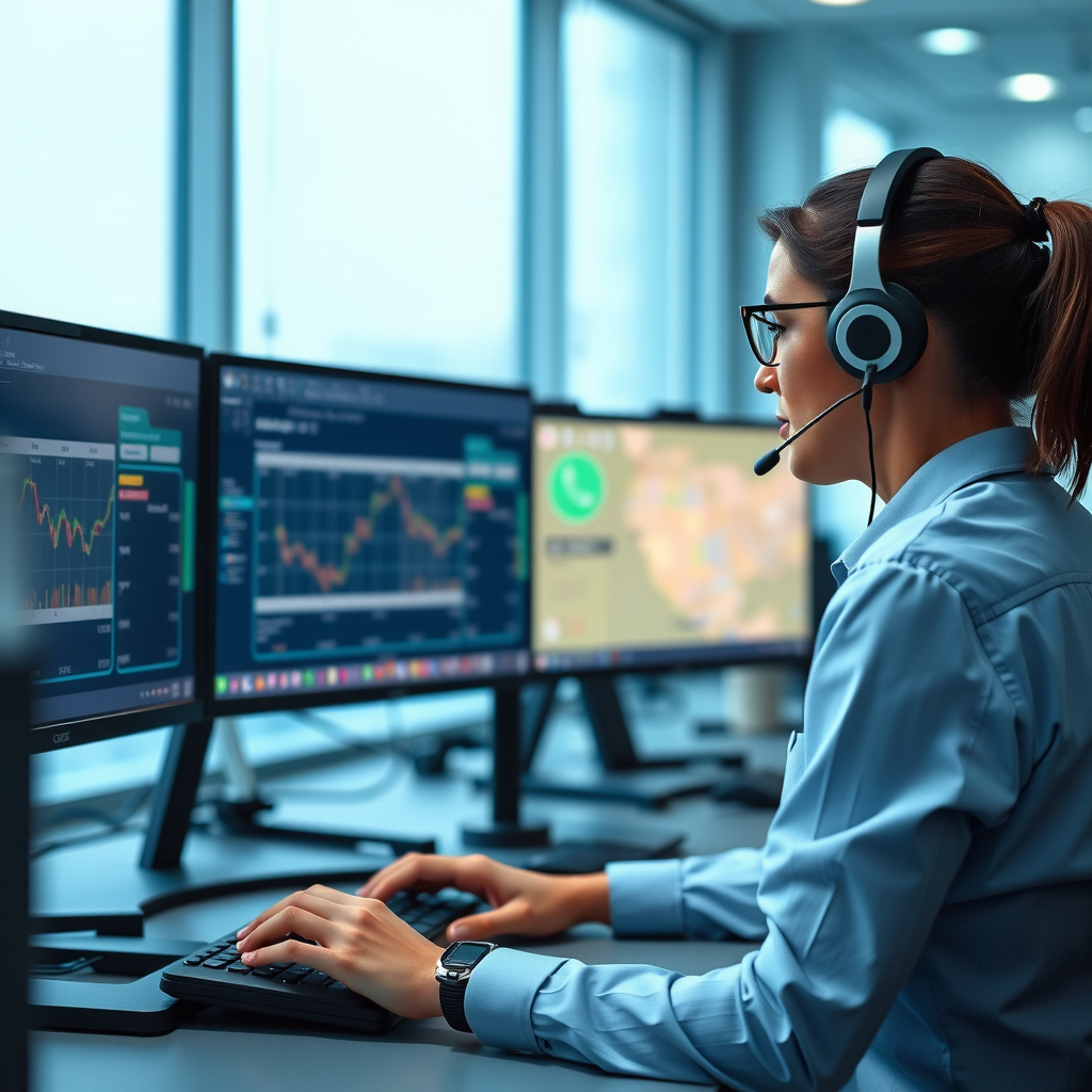 Travel coordinator with headset working at desk with multiple screens managing group bookings