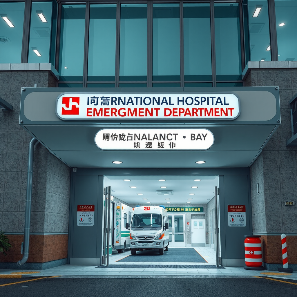 Modern international hospital emergency department entrance with clear multilingual signage, ambulance bay, well-lit entrance, and medical staff visible, representing quality healthcare facilities available to travelers